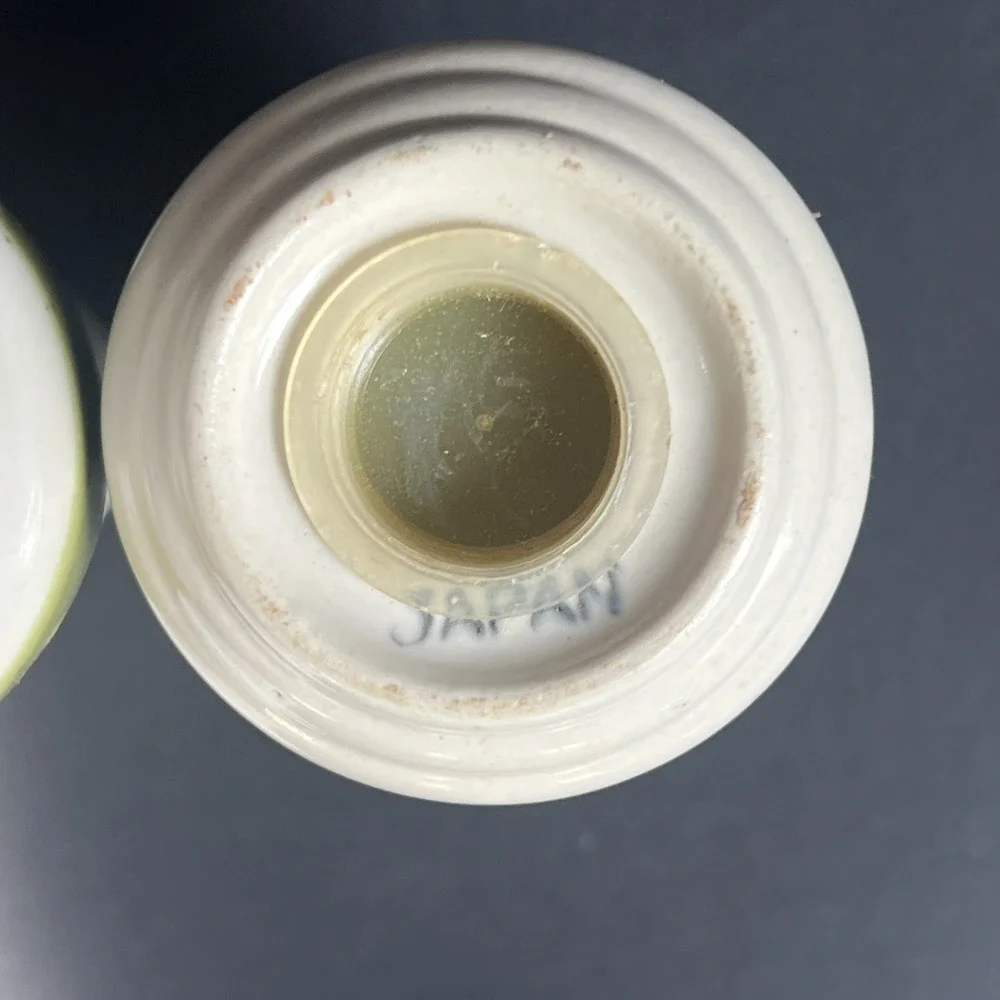 VTG Japan Speckled Stoneware Salt Pepper Shakers Green Band MCM Farmhouse 3